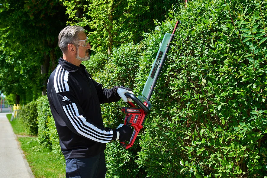 Person schneidet Hecke mit elektrischer Heckenschere